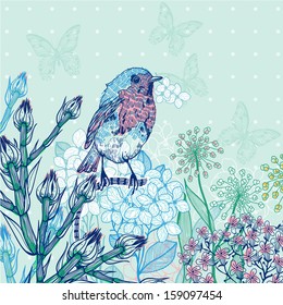  vector illustration of a little bird and blooming flowers