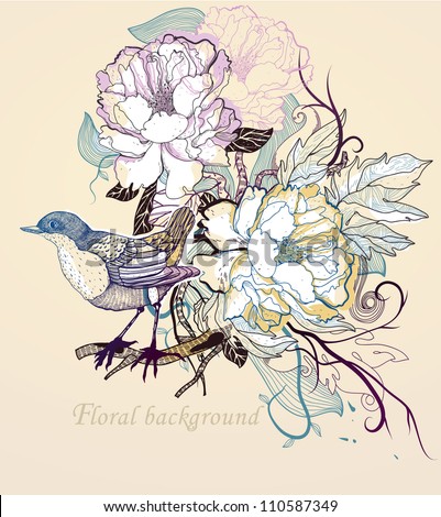 vector illustration of a little bird and blooming roses
