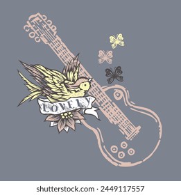 Vector illustration of little bird in old style with stylized musical instrument and butterflies.