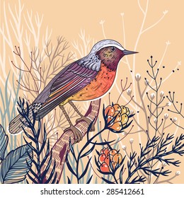 vector illustration of a little bird with plants and berries