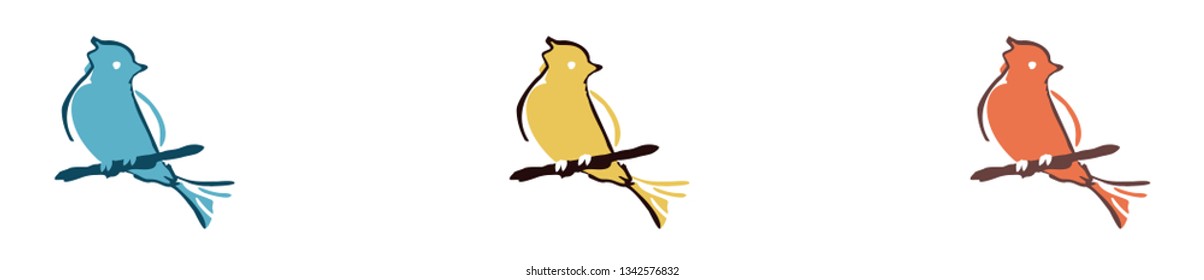 Vector illustration of a little bird standing on thin branch. Icon of a ver with colors variations. Bird isotype for branding. Natural concept.