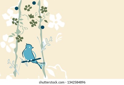 Vector illustration of a little bird standing on thin branch. Icon of a bird with a garden concept background. Bird isotype for branding. Natural concept.