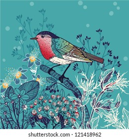 vector illustration of a little bird and wild herbs