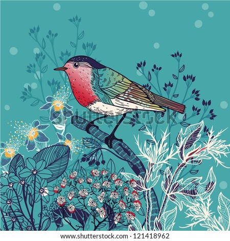 vector illustration of a little bird and wild herbs