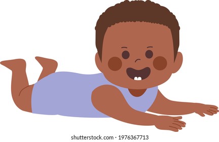 Vector Illustration Of Little Black African American Baby Boy Smiling Showing First Teeth On Tummy Time Pose