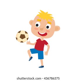 Vector illustration of little blonde boy in shirt and short playing football. Cute cartoon kid kicking soccer ball isolated on white background. Pretty football player. Happy child.