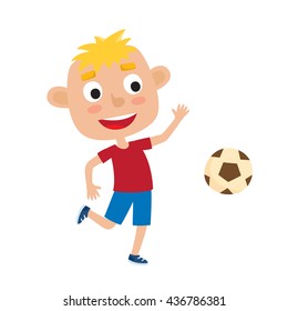 Vector illustration of little blonde boy in shirt and short playing football. Cute cartoon kid kicking soccer ball isolated on white background. Pretty football player. Happy child.