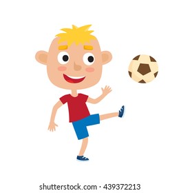 Vector illustration of little blonde boy in shirt and shorts playing football. Cute cartoon kid kicking soccer ball isolated on white background. Pretty football player. Happy child.