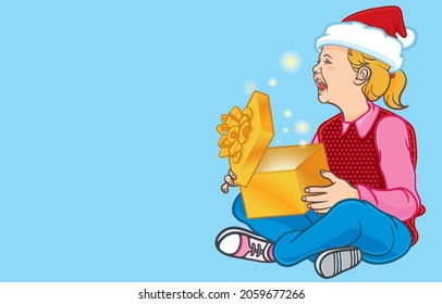 Vector illustration of little blonde girl with surprised face,excited,smiling,opening magical gift boxes,shiny stars, wishes, happy holidays, isolated on blueMerry Christmas,Happy New Year concept.