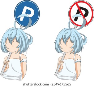 Vector illustration of a little blue-haired girl holding a parking sign here and no parking. 