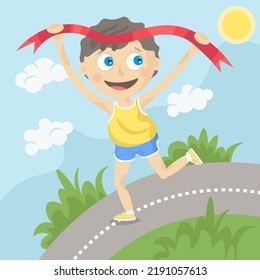 Vector illustration of  little boy in blue shorts and yellow vest running happily along road in summer day