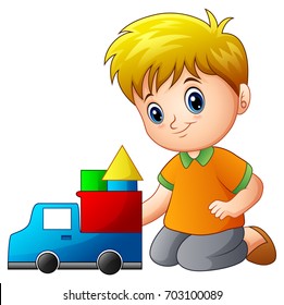 Vector illustration of Little boy build a house out of blocks with toy truck