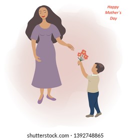 Vector illustration of little boy with bunch of flowers greeting mother.Card or banner for Mother`s day.Isolated elements