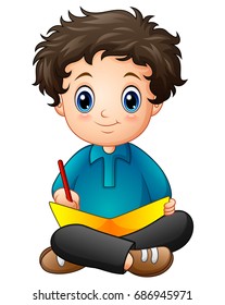 Vector illustration of Little boy cartoon writing a book