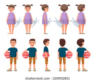   Vector illustration of little boy in casual clothe with ball and girl with toy in purple dress . Cartoon realistic people set. Flat children. Front view , Side view , Back side view , Isometric view