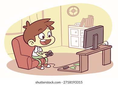 Vektorgrafik eines kleinen Jungen, der Computerspiele spielt. Ideal für Spiele, Aktivitäten für Kinder oder technologiebezogene Designs.