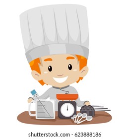 Vector Illustration of Little Boy Chef with Measuring tools
