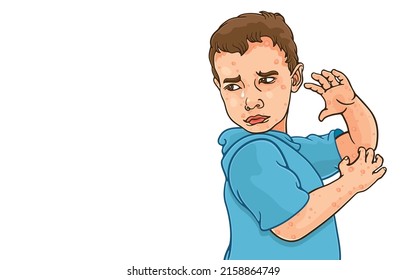 Vector illustration of little boy crying with tears,suffered from visible skin eruption due to monkey pox,chickenpox,smallpox,cowpox,variola virus,infectious disease,virus from animal to human.