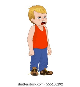 Vector Illustration little boy crying, face showing sadness emotion. Boy in red T-shirt and denim pants.