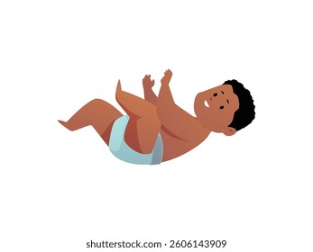 Vector illustration of a little boy with dark skin lying on his back in a diaper and waving his arms and legs. Infancy. Flat cartoon style. Isolated background.