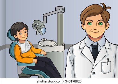 A vector illustration of little boy in the dentist office