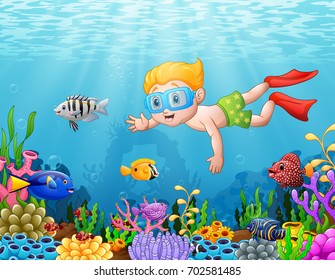 Vector illustration of Little boy diving in the sea