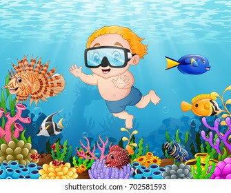 Vector illustration of Little boy diving in the sea