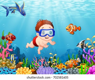 Vector illustration of Little boy diving in the sea