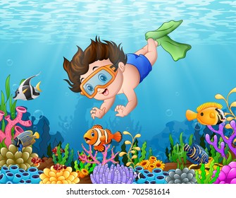 Vector illustration of Little boy diving in the sea