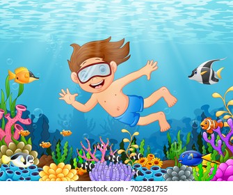 Vector illustration of Little boy diving in the sea