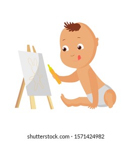 Vector illustration of little boy drawing picture on easel.