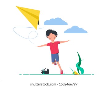 Vector illustration of little boy  dreams of becoming an aviator while flying a paper plane. Kid plays outside with paper planes and a cat. Child running after an airplane