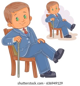 Vector illustration of a little boy dressed in retro suit sitting on a chair and holding a cane in his hand. Print, template, design element