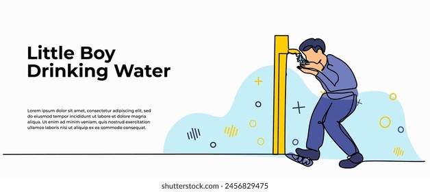 La Ilustración vectorial del niño pequeño está bebiendo agua. Moderno piso en estilo de línea continua.