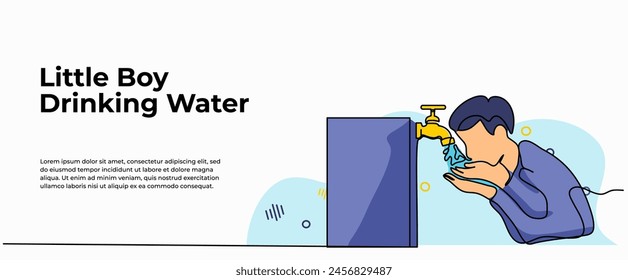 Vector illustration of  little boy is drinking water. Modern flat in continuous line style.