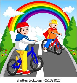 vector illustration of little boy driving bicycle