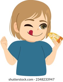 Imagen vectorial del niño que disfruta de la pizza. Niño hambriento comiendo comida rápida