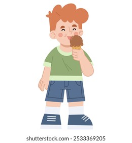 Vector illustration of little boy enjoying chocolate ice cream