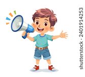 Vector illustration of little boy excitedly shouting into megaphone. He looks lively, and his arm is spread wide open, beaming smile.
