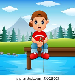 Vector illustration of Little boy fishing