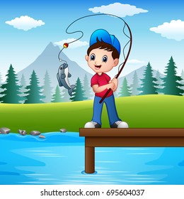Vector illustration of Little boy fishing in the river