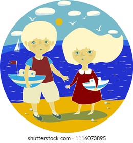 vector illustration with a little boy and girl on the beach, sunny day, nice weather on the sea