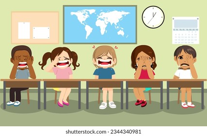 Vector illustration of little boy and girl crying on their first day of school. Classroom interior with upset children sitting back to school