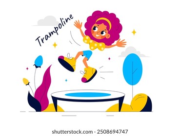 Vector Illustration of a Little Boy or Girl Jumping on a Trampoline, Enjoying Summer Outdoor Activities with a Flat Style Cartoon Background