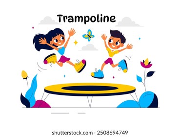 Vector Illustration of a Little Boy or Girl Jumping on a Trampoline, Enjoying Summer Outdoor Activities with a Flat Style Cartoon Background