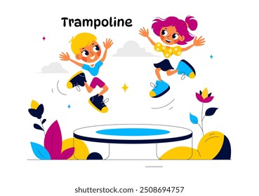 Vector Illustration of a Little Boy or Girl Jumping on a Trampoline, Enjoying Summer Outdoor Activities with a Flat Style Cartoon Background