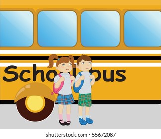 Vector illustration of little boy and girl standing near the school bus.