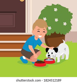 ilustración vectorial de un niñito está dando comida a su pequeño perro blanco en un tazón