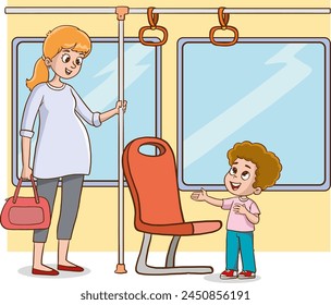 Vector illustration of little boy giving way to pregnant woman in public transport