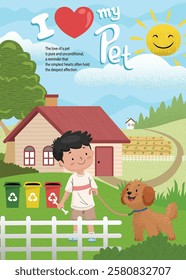 Vector illustration of little boy with his dog in outdoor